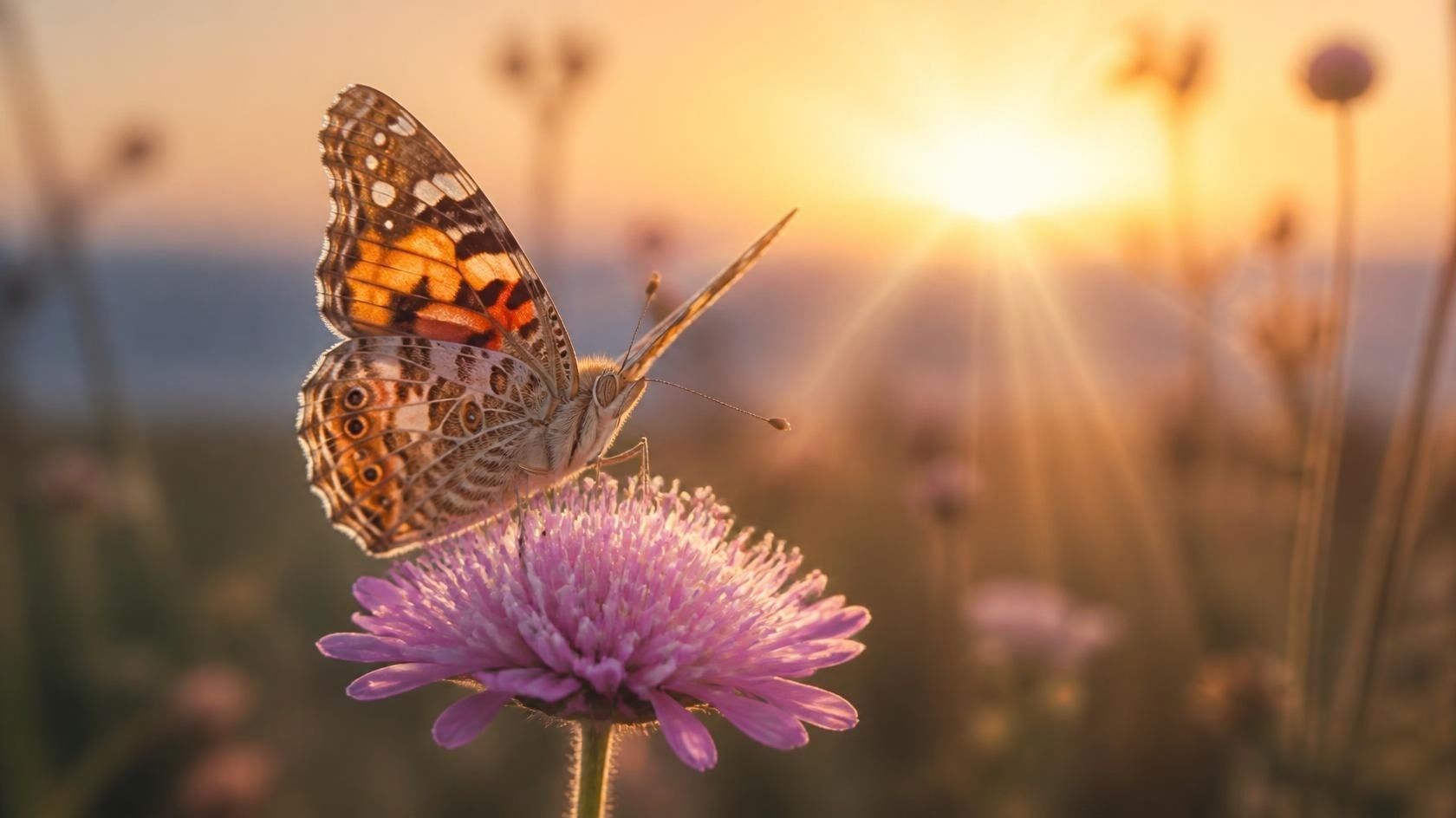Papillon posé sur une fleur dans la lumière d'un coucher de soleil