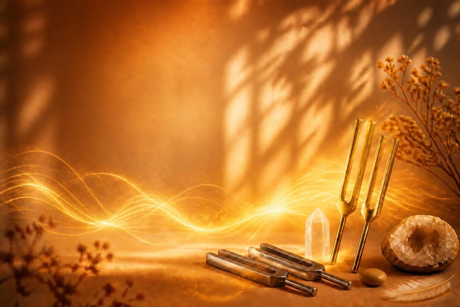 Diapasons dorés et ondes de lumière sur un fond orangé lumineux
